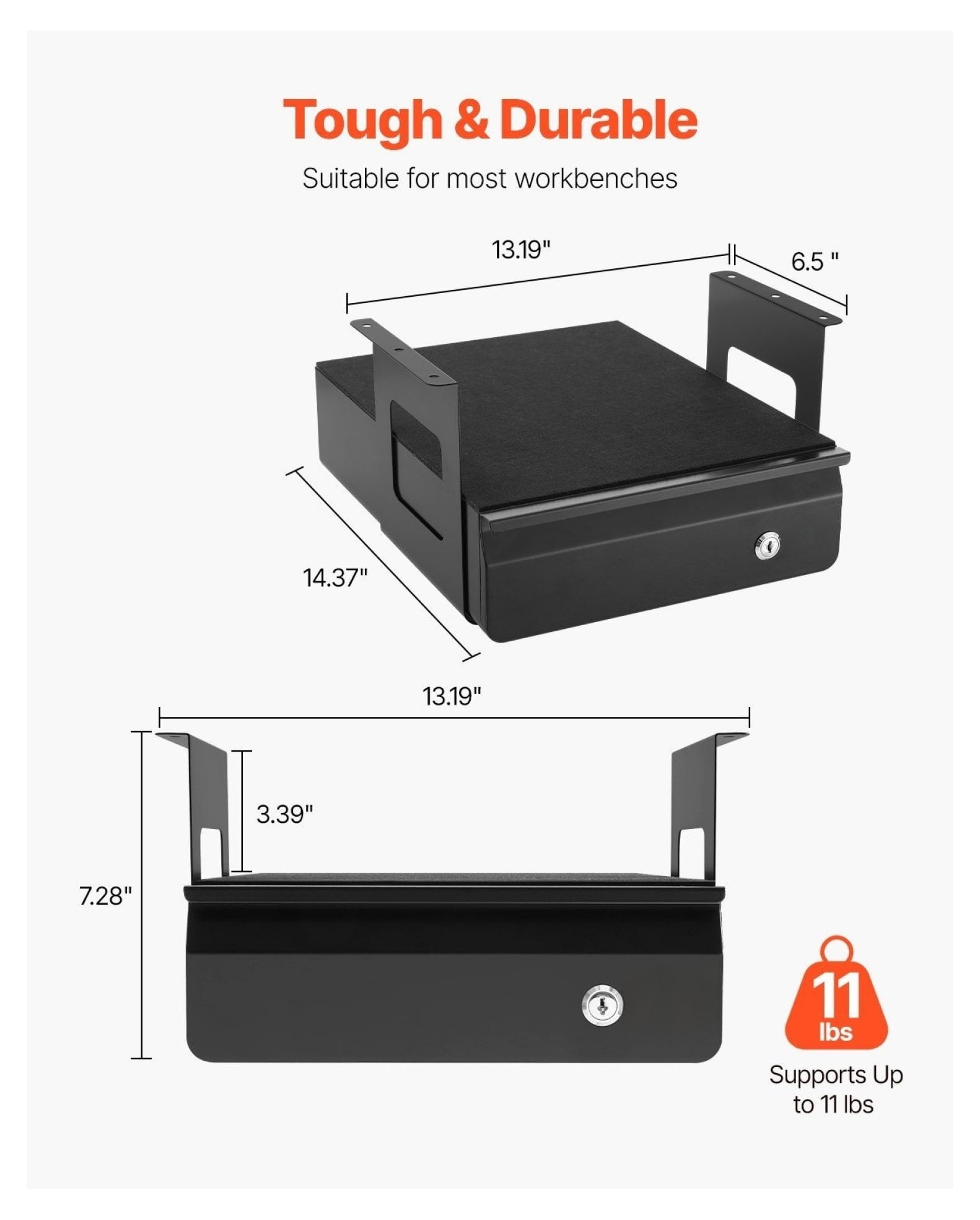 13" Under Desk Drawer Organizer - Lockable Slide Out Storage Box for Office & Home - Heavy Duty Steel - Hidden Desktop Organizer with Keys - Black