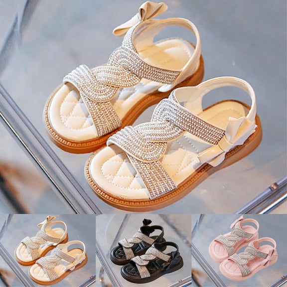 SGFCWSX Girls Summer Sandals Open Toe Flat Rhinestone Pearl Braided Bow Soft Sole Sandals for Beach Daily Use Beige Size 12 Little Kids