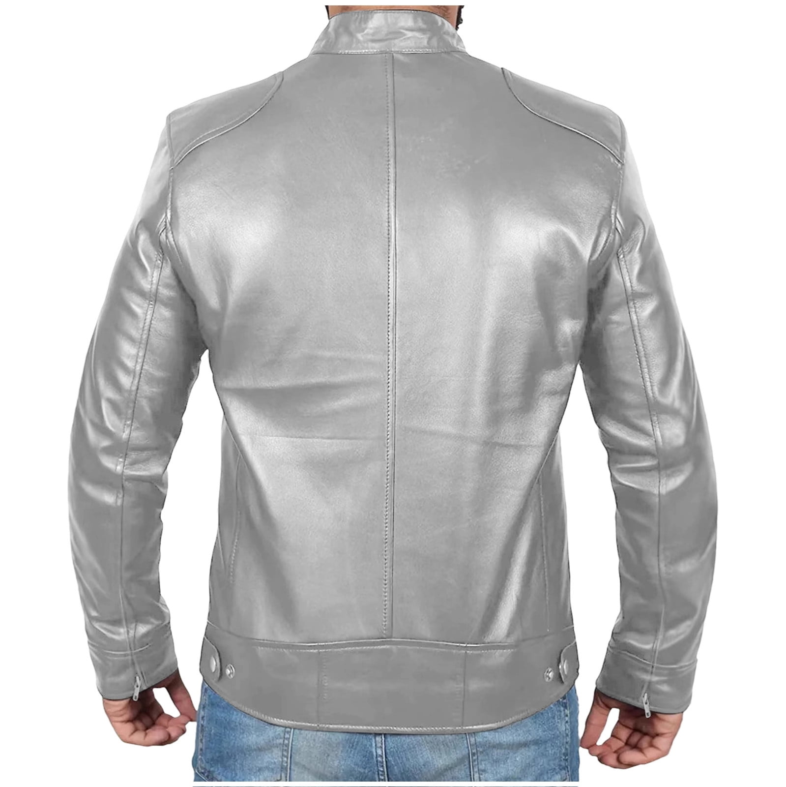 USNSM (S-5XL) Big and Tall Men's Faux Leather Jacket Stand Collar Motorcycle Leather Jackets Casual Lightweight Zip Up Biker Coat Silver XXL