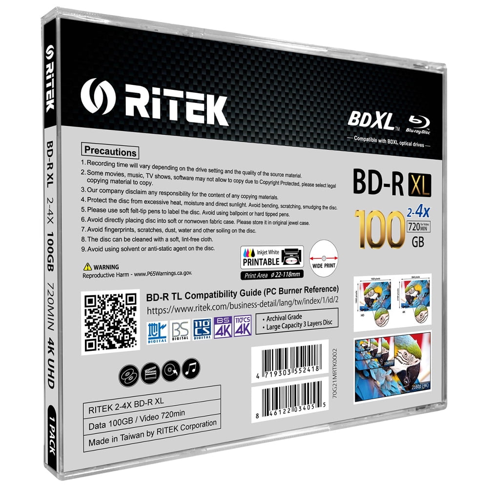 2 Pack Ritek BD-R XL BDXL 100GB Archival Grade Triple Layers 4X White Inkjet Hub Printable Blank Disc w/Standard Jewel Case