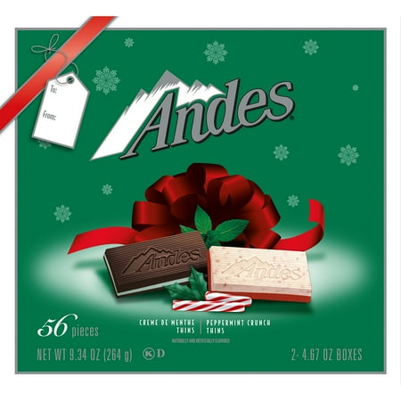 Andes, Creme de Menthe & Peppermint Crunch Thins, 4.67 oz. Gift Box. Contains Milk. Peanut Free. Gluten Free.