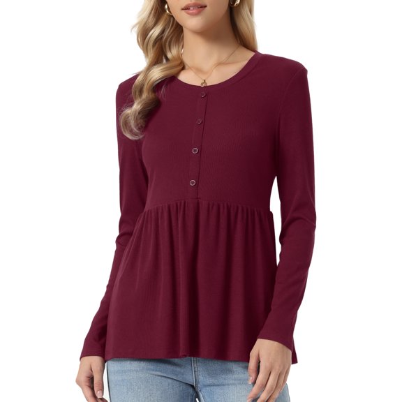 INSPIRE CHIC Peplum Sweater for Women's Pleated Round Neck Long Sleeve Button Fall Casual Knitted Babydoll Top XS Wine Red