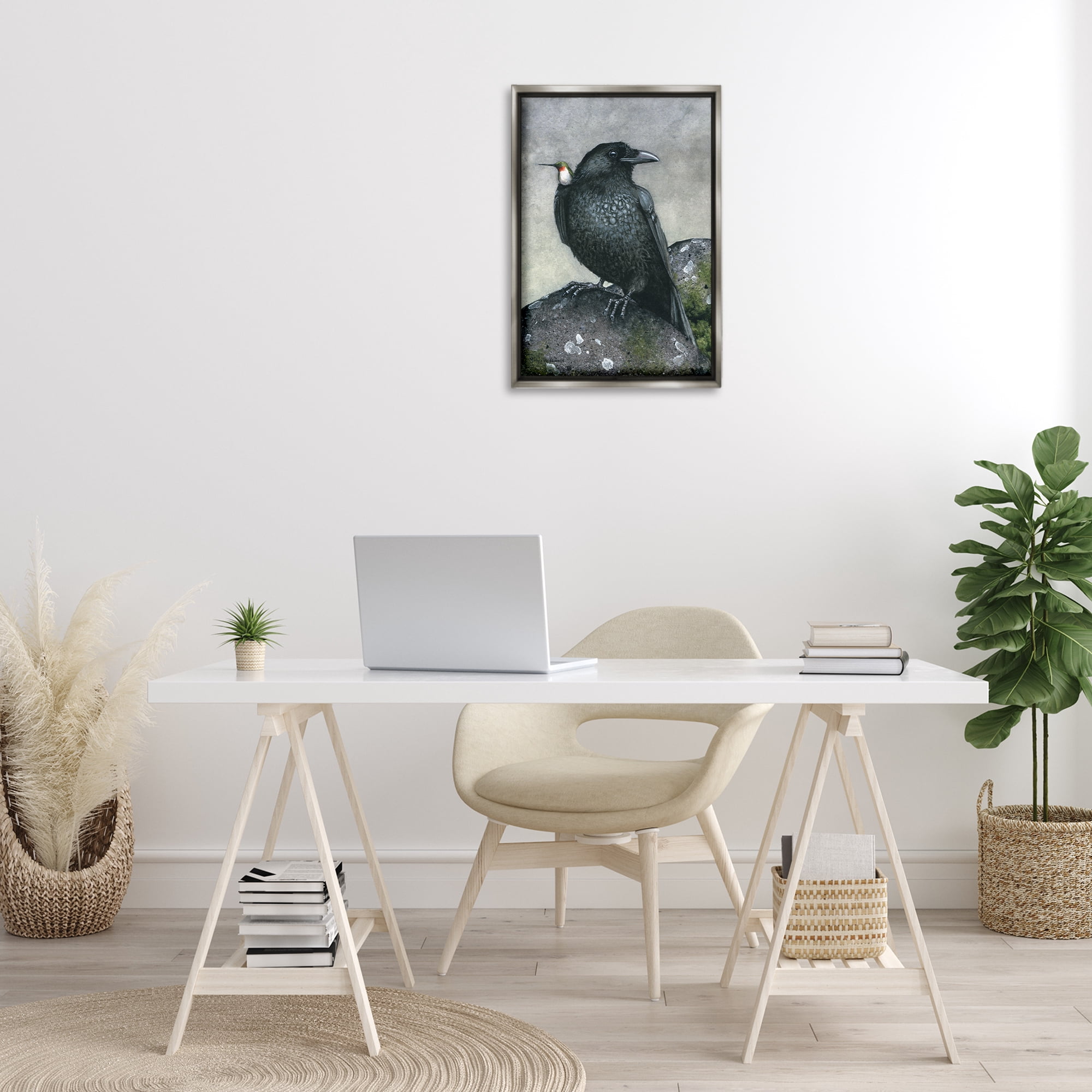 Stupell Industries Crow & Hummingbird Perched Animals & Insects Painting Gray Floater Framed Canvas Art Print Wall Art, 17 x 25
