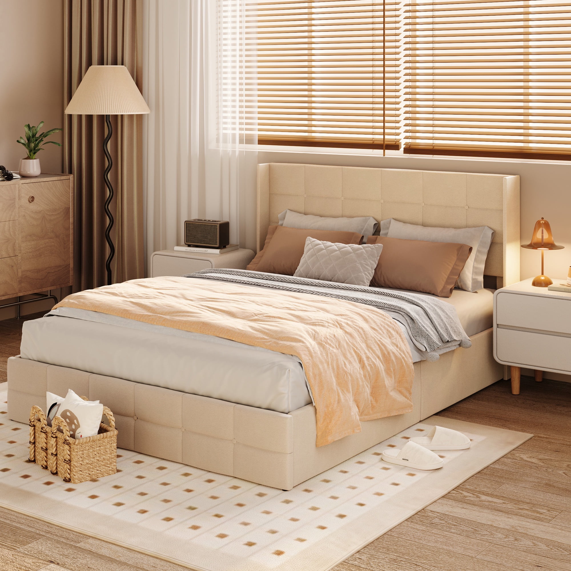 Asofer Queen Storage Bed Frame with Hydraulic Lift, Upholstered Headboard & Wood Slats, Beige