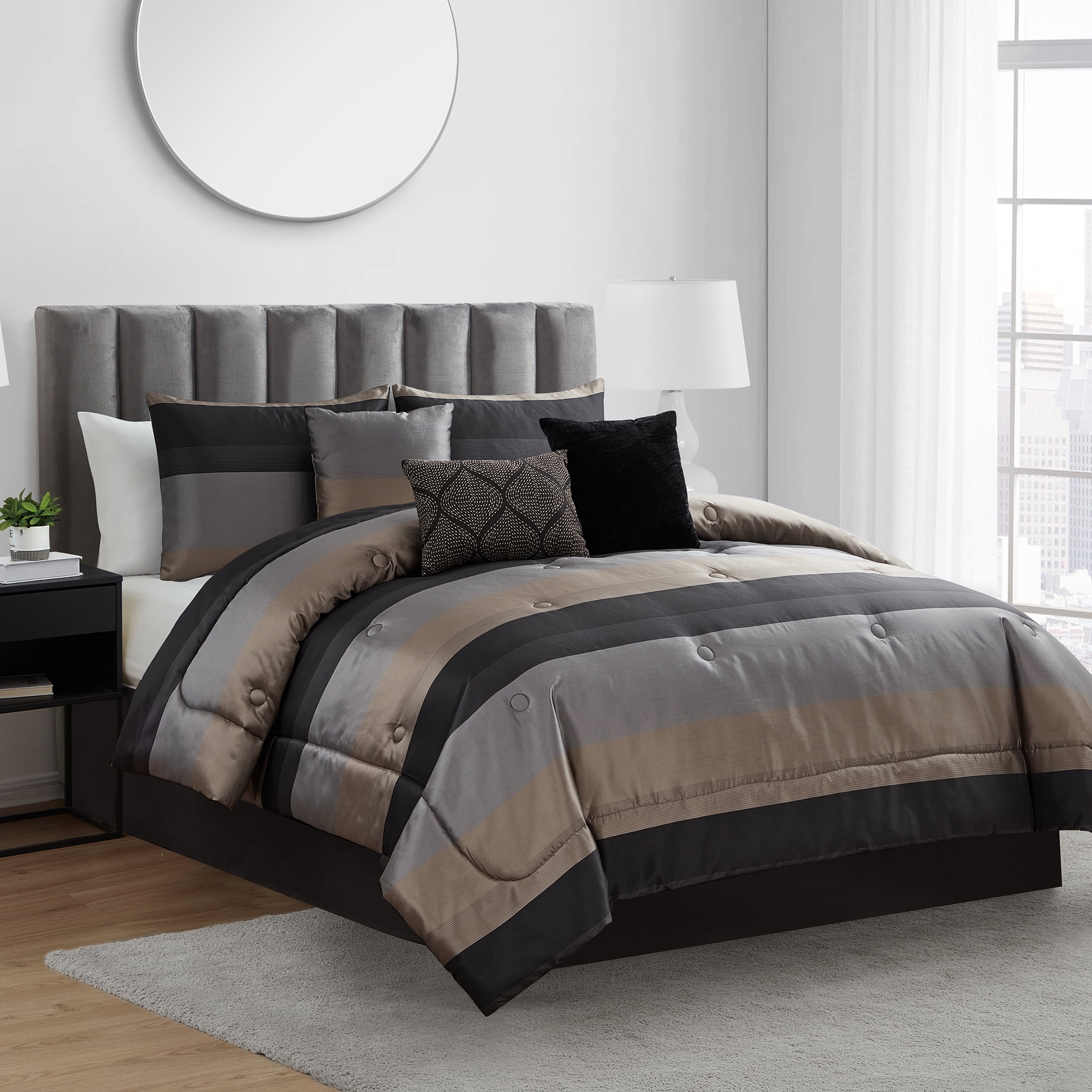 Mainstays Hudson 7-Piece Black/Gold Striped Polyester Comforter Set, Full/Queen
