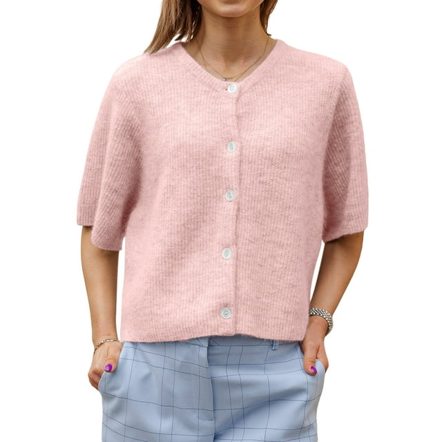 Gupgi Women Knitted Cardigan Short Sleeve Button Down Knit Crop Tops Solid Color Open Front Sweater