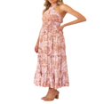 thumbnail image 3 of AMERTEER Femmes Été Crossover Licol Cou Sans Manches Plaid Coupé Dos Flowy une Ligne Maxi Robe Rose XL, 3 of 7