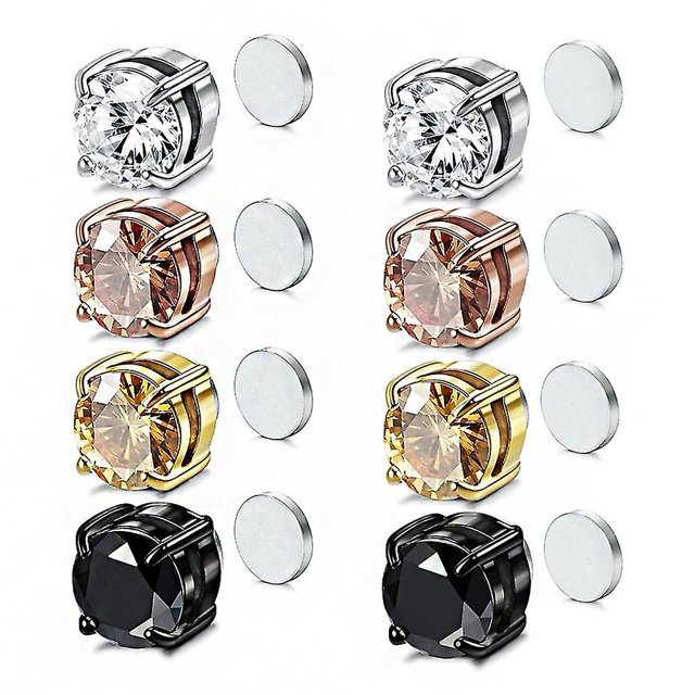 4 pares de pendientes magnéticos fuertes de cristal, pendientes de Clip de fácil uso para mujeres y hombres, pendientes redondos Punk con imán de circón, joyería sin perforación