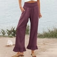 thumbnail image 5 of XIAONU Women's Ruffle Hem Wide Leg Pants Smocked High Waist Side Pocket Design Trousers Lightweight Boho Style Casual Bottoms Purple, 5 of 7