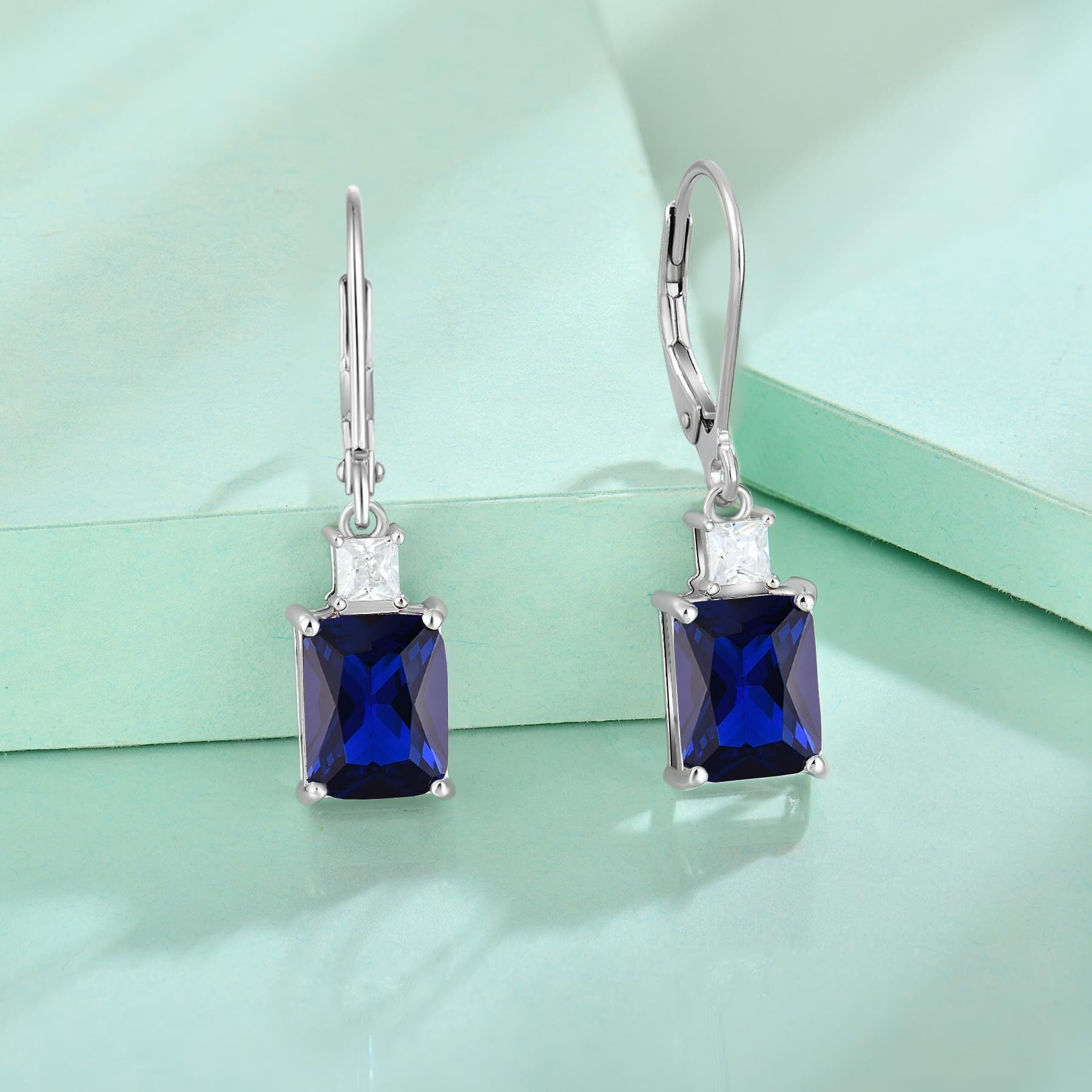 Starchenie Princess/Emerald Brilliant Cut Birthstone September Sapphire Earrings for Women Dangle Earrings Sterling Silver Leverback Earrings Birthday Anniversary Jewelry Gift