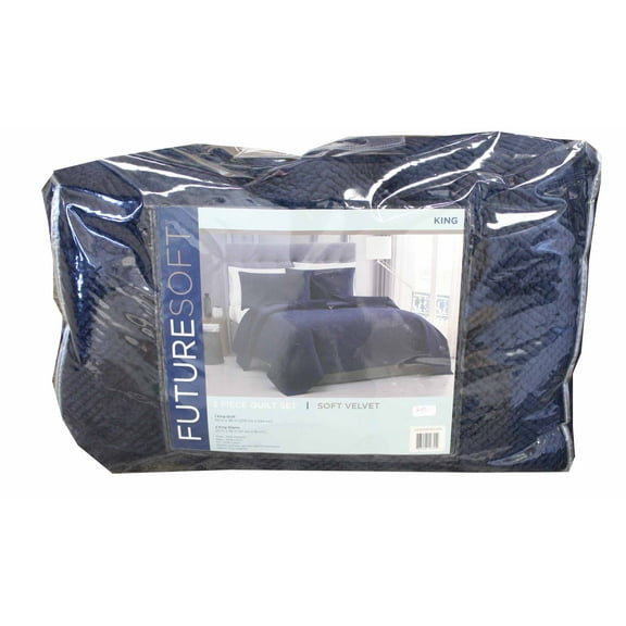 Future Soft Embroided Soft Velvet 3 Piece King Quilt Set Navy