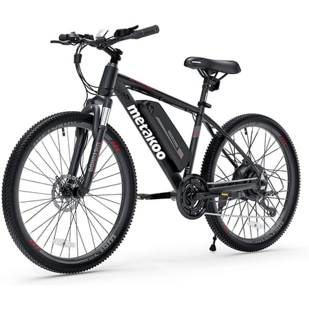 Metakoo 26 In. Mountain Electric Bicycle, 350 W Motor, 3 Hours Fast Charge, 36V Removable Battery, 20Mph with 21 Speed Gears, Black
