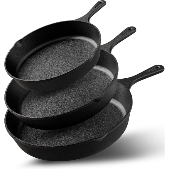Pre-Seasoned Cast Iron Skillet 3-Piece Set, 6/8/10 Inch Non-Toxic Frying Pans & Chef Pan, Even Heat Distribution Cookware for Stovetop, Campfire, Grill & Oven