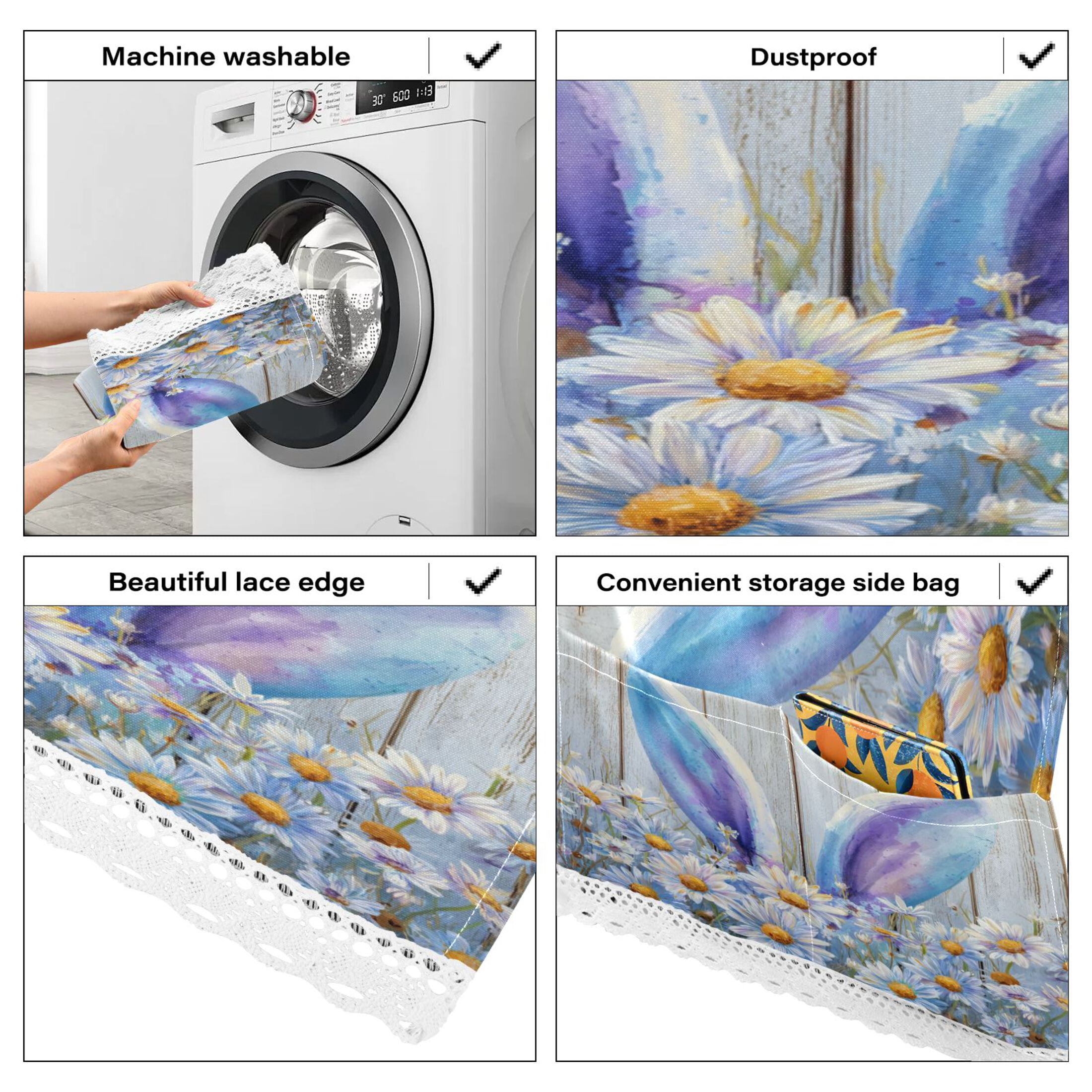 Wobogo Bunny Ears Daisy Washing Machine Cover Dustproof Washer Dryer Cover Waterproof Laundry Room Decorative Protector