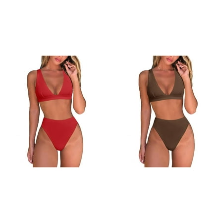(2-Pack) Kcodviy Womens High Waisted Thong Women Swimsuits Two Cute Plus Size Bikini Sets Brazilian Women Swim Dress with Short Triangle Top Deep V Neck Two Piece Swimsuit Bathing Suits