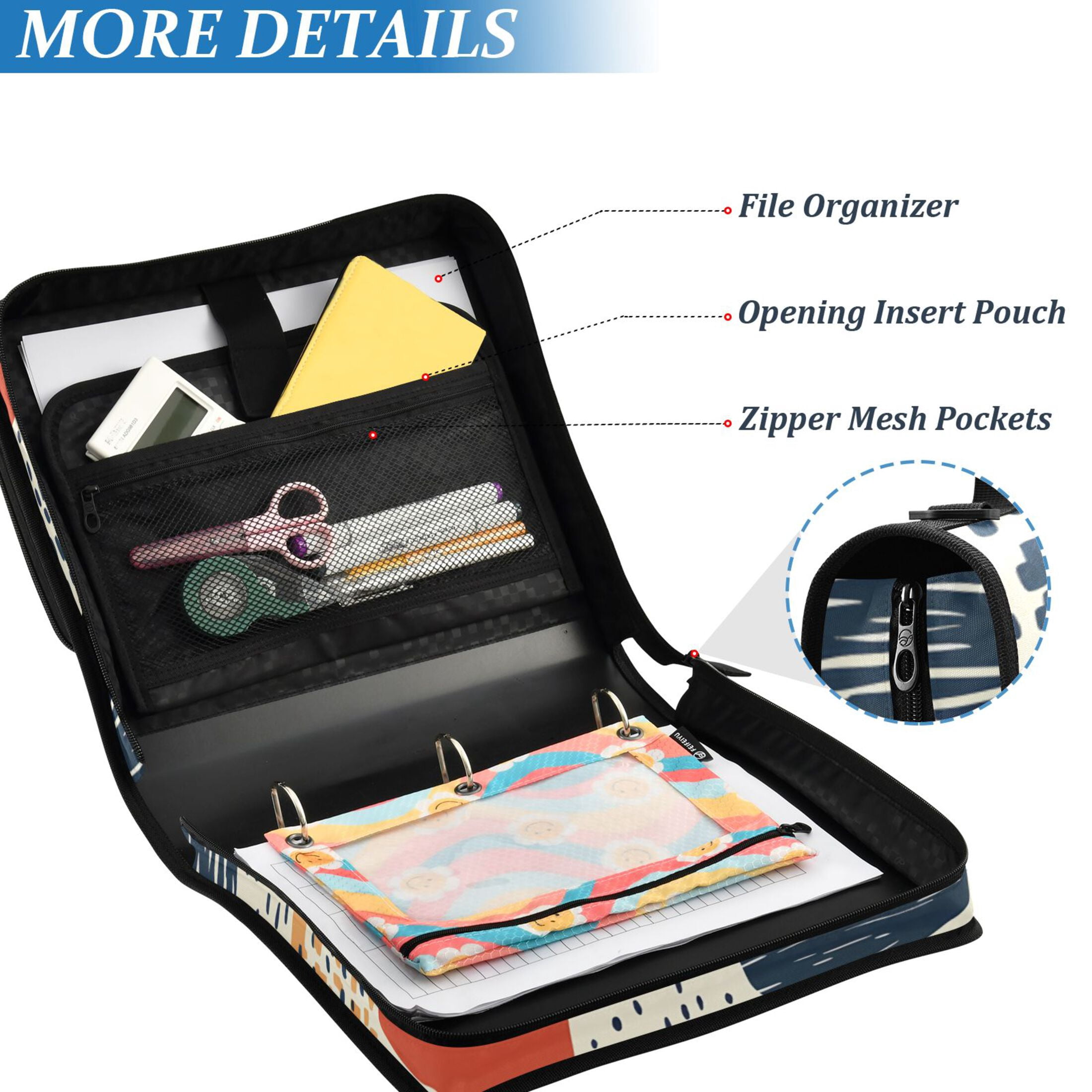 3 Ring Zipper Binder with Shoulder Strap Waterproof Trapper Keeper 2 Inch D-Ring 500 Sheets Capacity Line Block Doodle