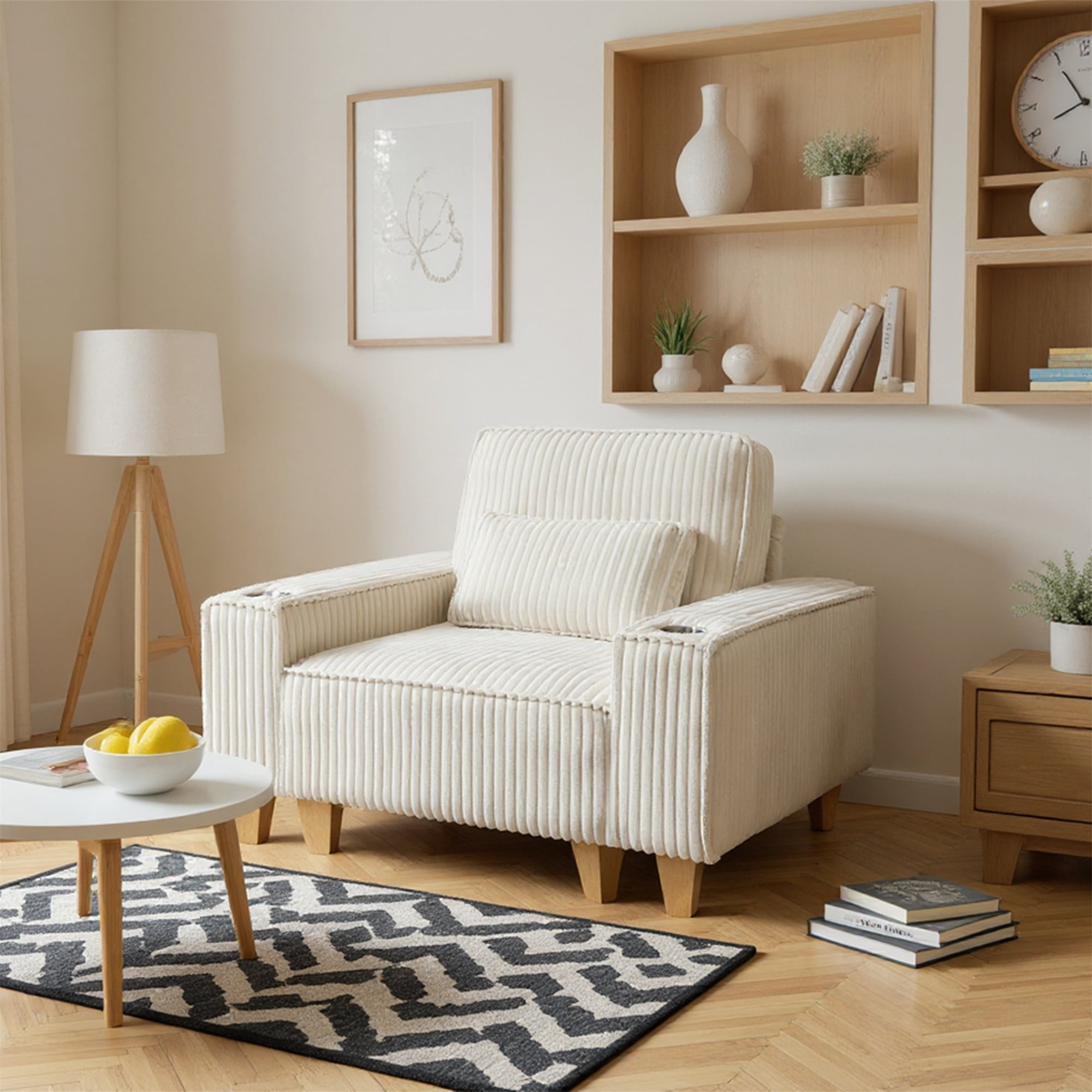 Aukfa 3 Piece Sofa Set - 43.5" Oversized Armchair Couch w/ Cup Holders&Pillows, Solid Wood Legs, Beige