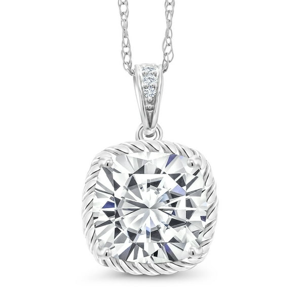 Gem Stone King 2.42 Cttw White Moissanite and Diamond Pendant Necklace for Women | 10K White Gold | Cushion 8MM | With 18 inch Gold Chain | Fine Jewelry Gifts for Her Mom Women Wife