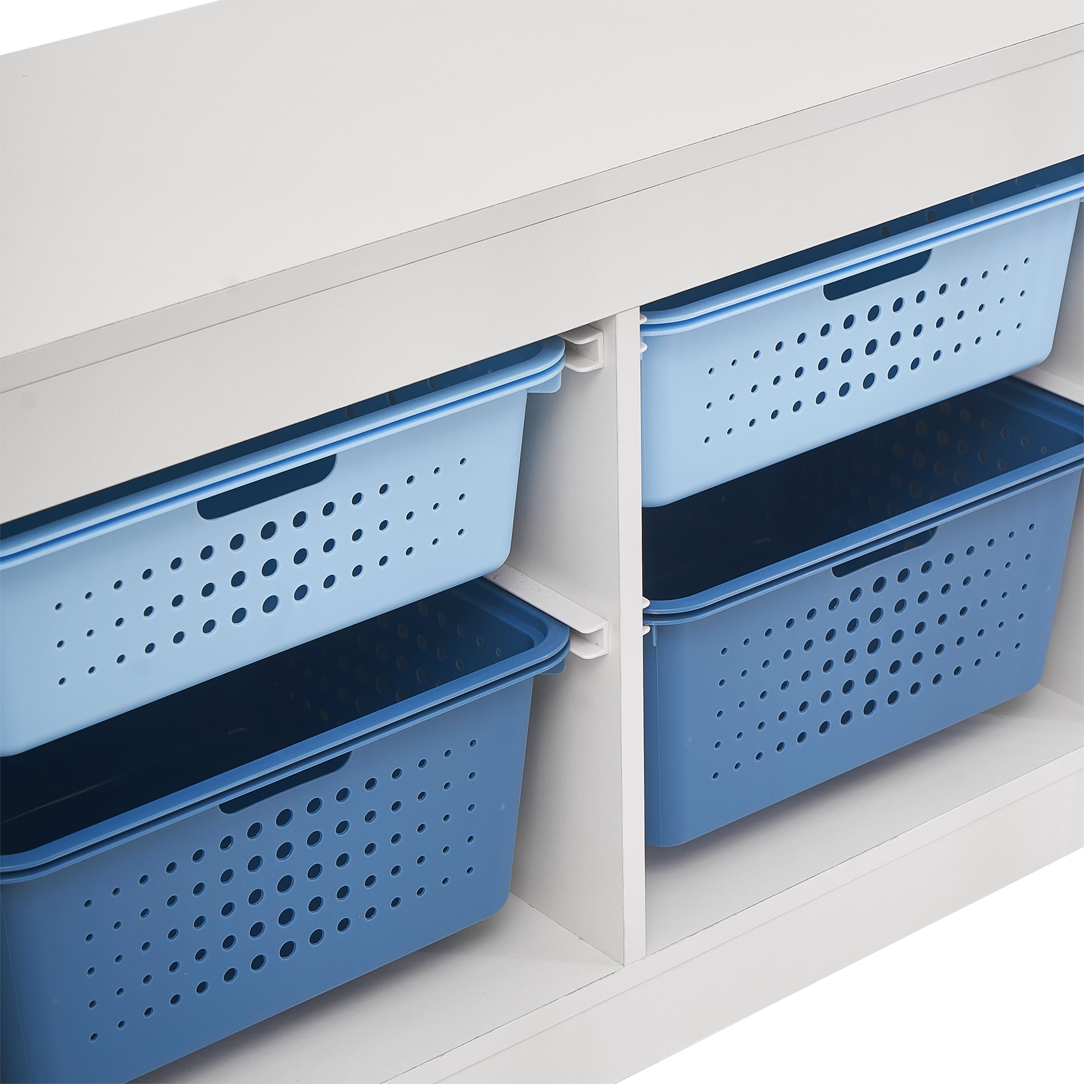 Your Zone Wooden Kids Horizontal Sliding Bin Organizer with 6 Storage Bins, Blue, Age 3+