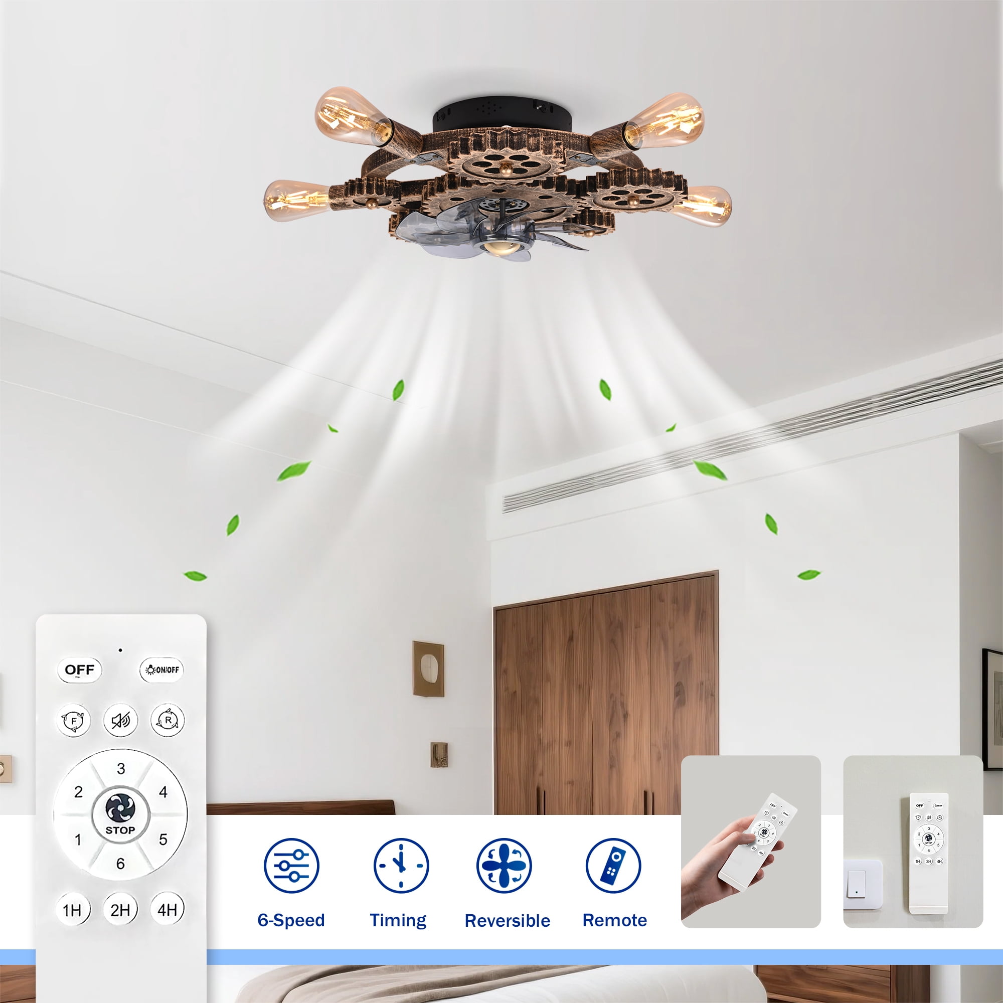 Leumius 19.6" Industrial Ceiling Fan with Light and Remote,Retro Ceiling Fan Lights with 7 Blades for Living Room Bedroom Dining Room (NOT Included Bulbs)