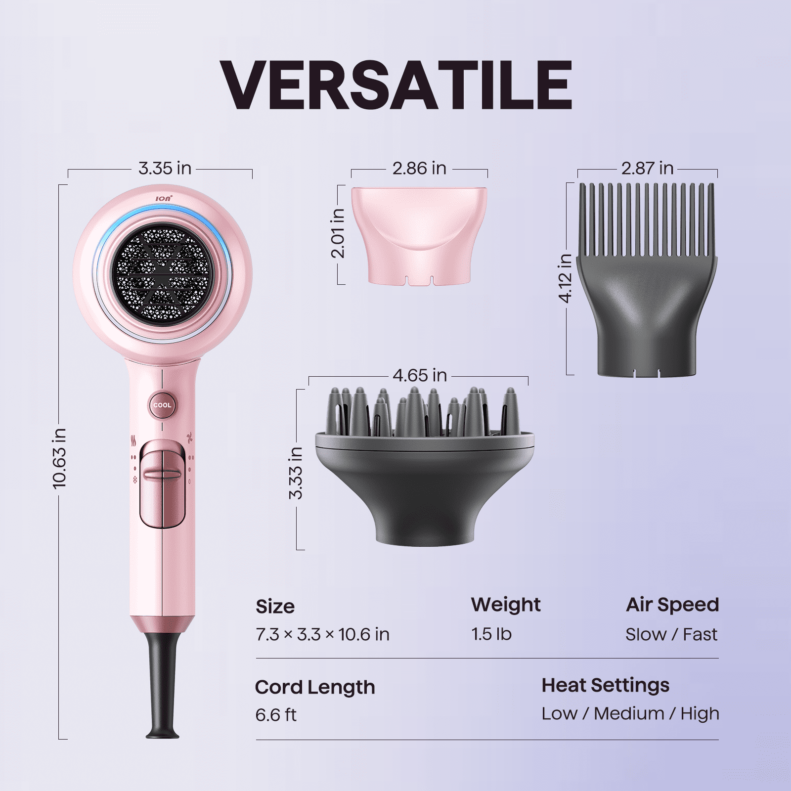 Wavytalk 1875W Hair Dryer with Diffuser, Ionic Blow Dryer for Curly Hair with Comb, 3 Attachments for All Hair Types, Light and Quiet, Pink