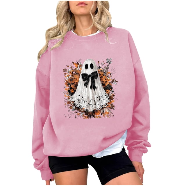 Chandail en Molleton Imprimé Fantôme pour Femmes Chandail Léger et Chaud Blouses Col Rond Manches Longues Ultra Doux Texturé Tenues de Printemps 2025 Chandail Automne Hiver Vêtements