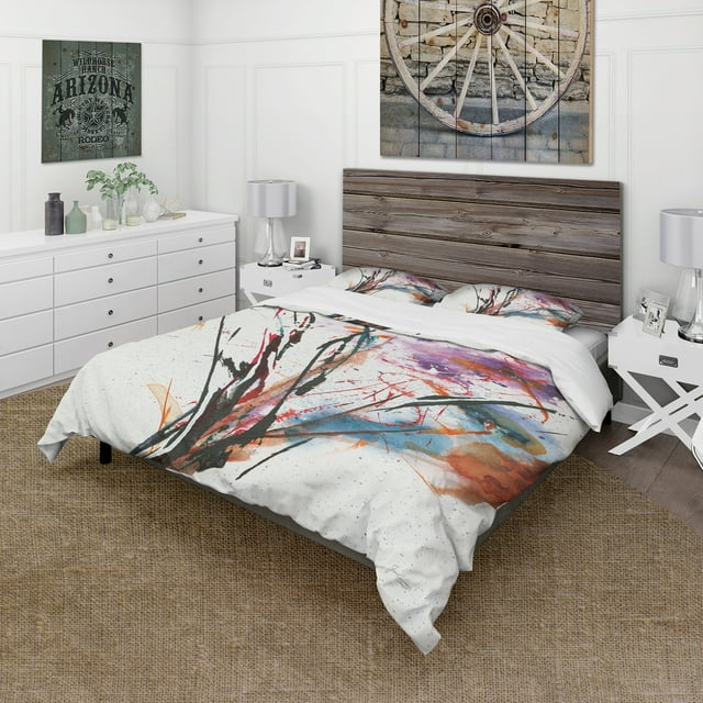 Designart « Fleurs Abstraites Violettes et Bleues » Ensemble de Literie Cottage - Housse de Couette et Taies
