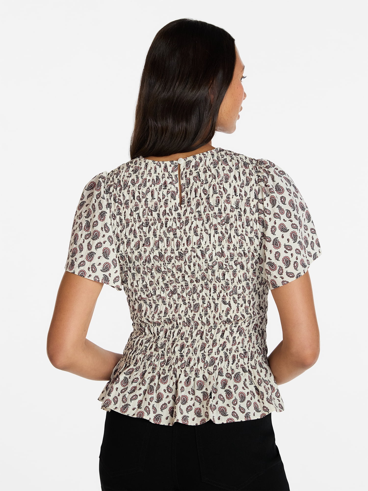 Time and Tru Women's Smocked Top with Short Puff Sleeves, Sizes XS-XXXL