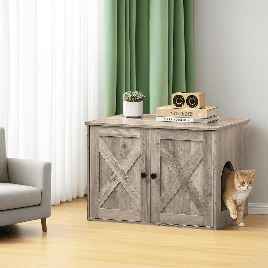 LEDREM Cat Litter Box Furniture Enclosure,Multi-Functional Hidden Washroom with Removable Divider for Indoor,M, Heather Greige