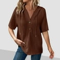thumbnail image 2 of Waffle Knit Tops for Womens Trendy Summer Short Sleeve Drawstring Hoodies Button V Neck Tee Shirts, 2 of 8