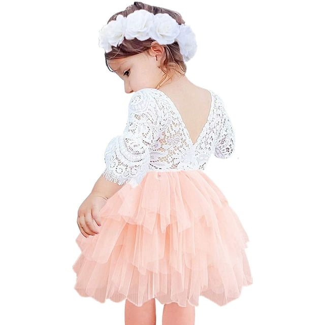 2Bunnies Vestido de niña de flores de tul con tutú escalonado y espalda de encaje de peonía para niña (manga de campana rosa 2T)