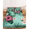 thumbnail image 2 of Cal.King Size Fitted Sheet Set - Tropical 3 Piece Bedding Sets 16" Deep Pocket Fitted Sheet with 2 Pillowcases, Pink Floral Green Palm Leaf Aqua Watercolor Brushed Microfiber Hotel Luxury Bed Sheets, 2 of 9