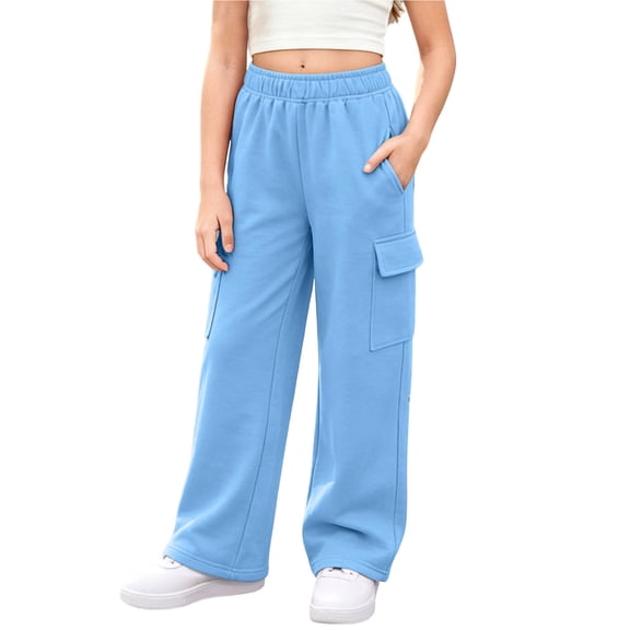 KyCheLot Girls' Cargo Sweatpants Winter Elastic Waist Fleece Sweatpants Comfy Warm Multi-pocket Activewear