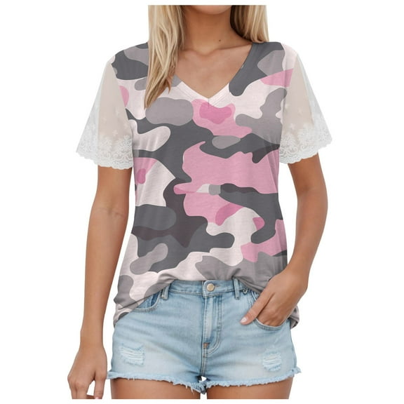 TTUHYWXI Casual V Neck T Shirts for Women Lace Short Sleeve Curved Hem Tops Loose Fit (Pink, XL)