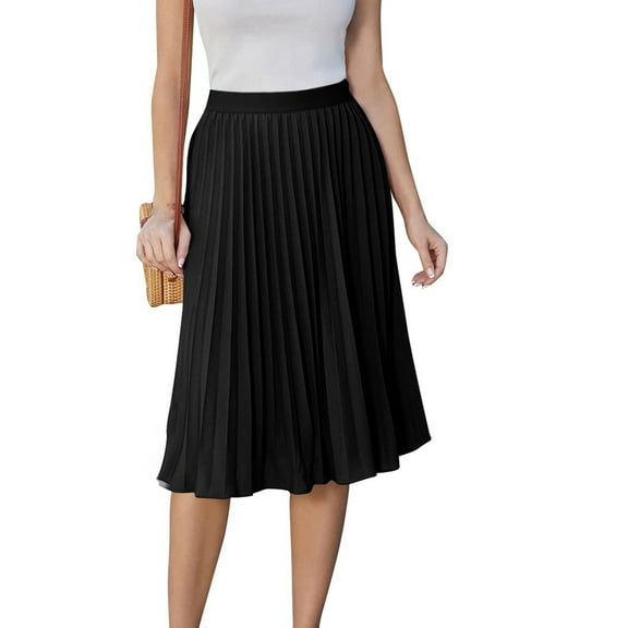 XDDLITP Chiffon Midi Pleated Skirts for Women Knee Length A-Line Skirts High Elastic Waist Pleated Midi Skirt Chiffon Swing Summer Skirts,Black L