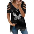 thumbnail image 2 of ICHUANYI Clearance Women's Fashion Printed Blouse V-neck Short Sleeve Loose T-shirt Zipper Tops(Black, L) ICHUANYI WER2023081200106, 2 of 4