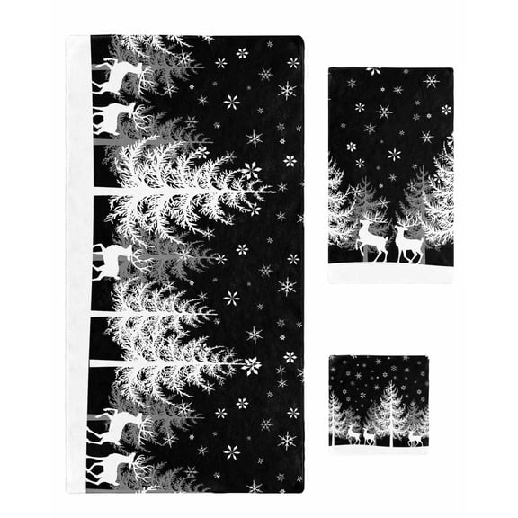Christmas Black Bath Towels for Bathroom Set,Luxury Microfiber Towels Gifts for Women,Quick Dry Beach Kitchen Hand Hair Face Towel and Dish Washcloth,White Xmas Tree Elk Winter Snowflake Towels Set