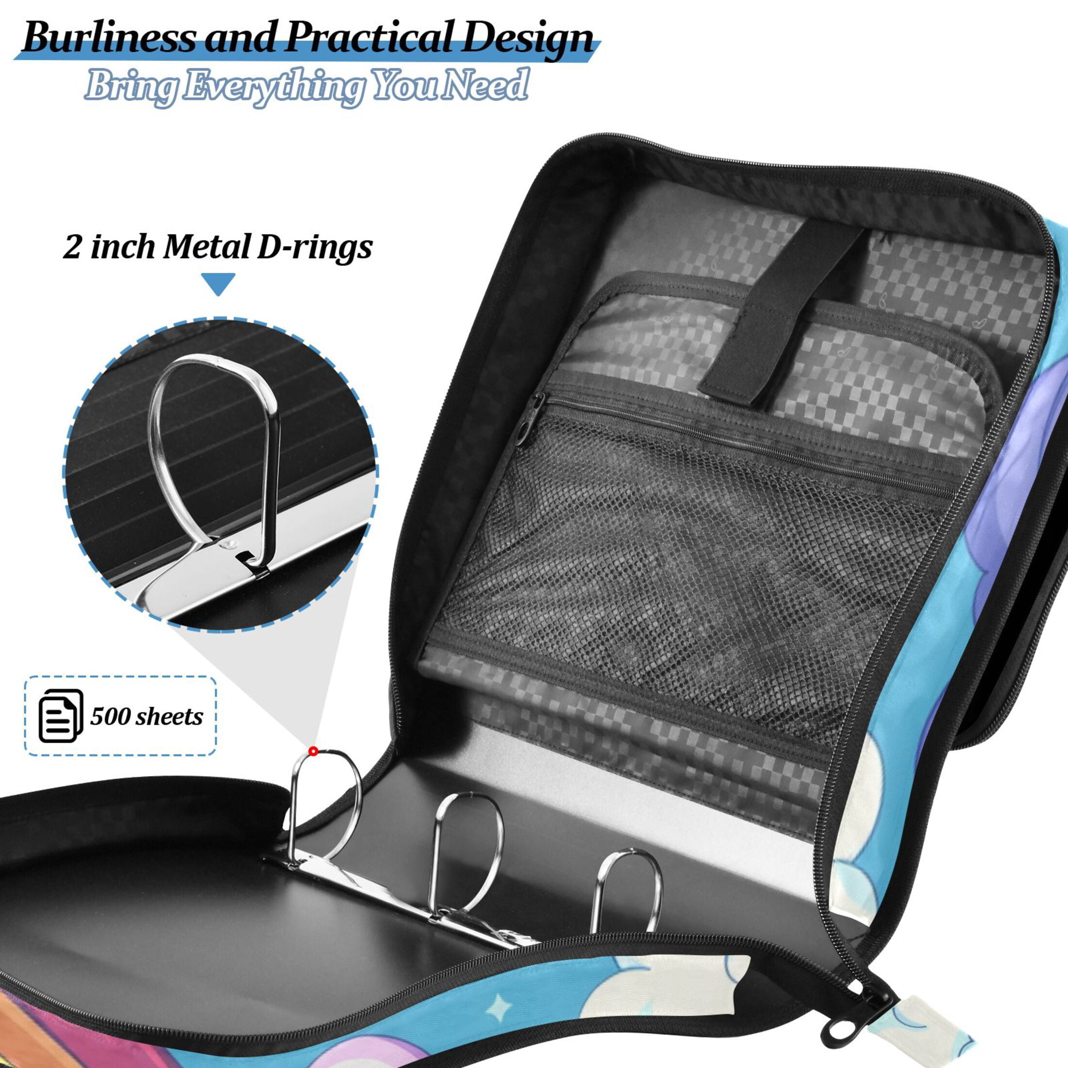 3 Ring Zipper Binder with Shoulder Strap Waterproof Trapper Keeper 2 Inch D-Ring 500 Sheets Capacity Cartoon Rainbow and Cloud