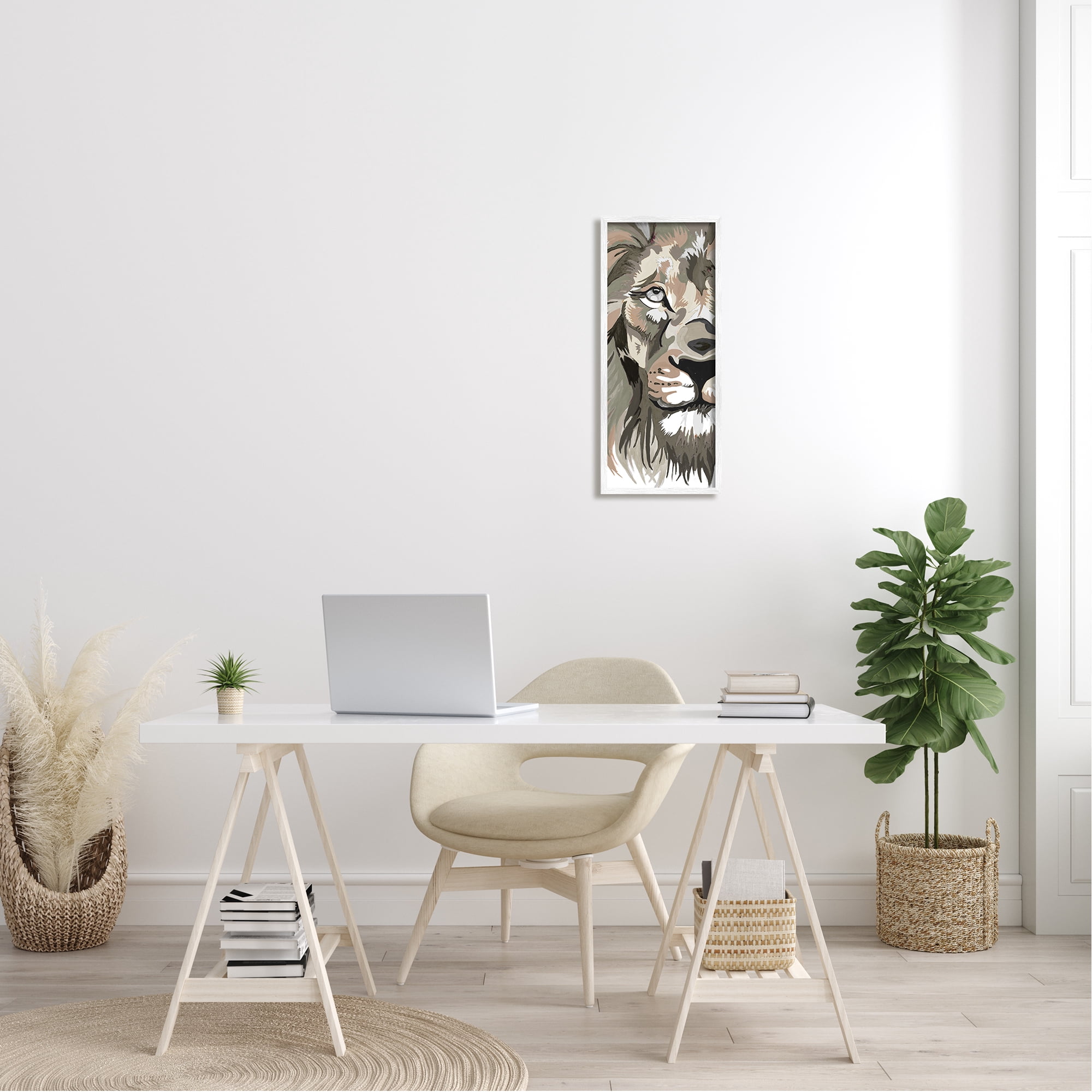 Stupell Industries Muted Lion Face Portrait Animals & Insects Painting White Framed Art Print Wall Art, 10 x 24