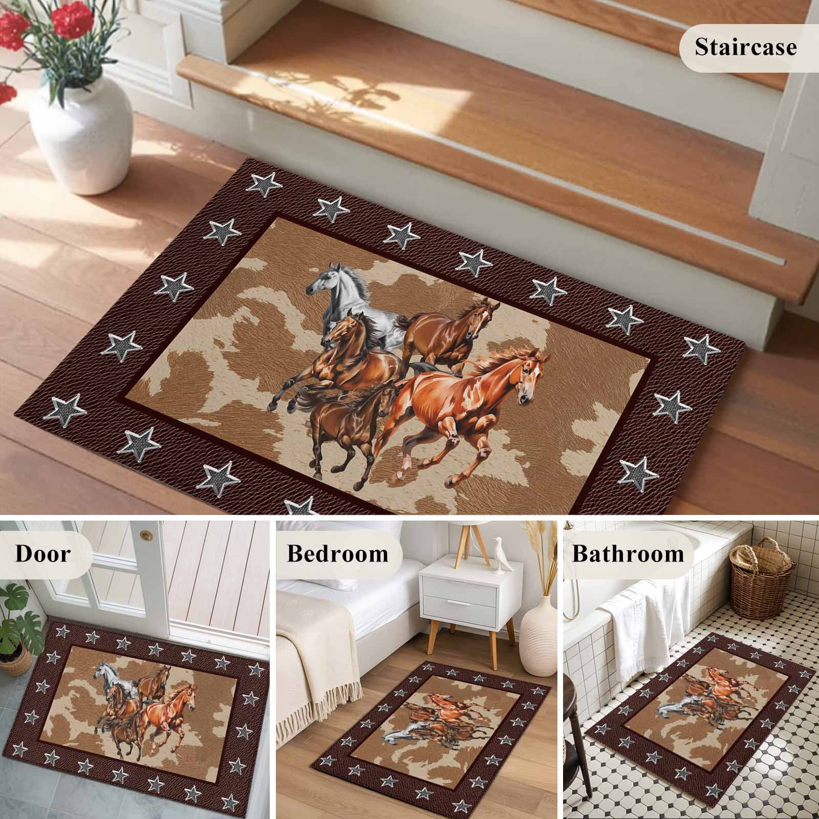 Brown Retro Horse Entryway Rug 2'x3'&nbsp; Non Slip Front Door Mats, Vintage Western Stars Country Entrance Rugs Indoor Outdoor Carpet, Washable Floor Mats Small Area Rug for Bedroom Kitchen