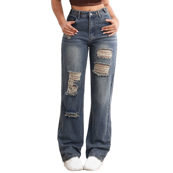 Baggy Jeans for Woman, High Waisted Wide Leg Ripped Jean Pants, Vintage Streetwear Denim Trousers with Pockets for Teens Blue XXL