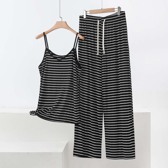 Xdegoge Two Piece Outfits for Women Spaghetti Strap Sleeveless Cami Top and Wide Leg Pants Set Casual Lounge Sleepwear Striped Pattern Stretchy Summer Pajamas
