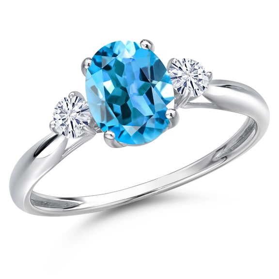 Gem Stone King 10K White Gold Swiss Blue Topaz and White Moissanite 3-Stone Ring for Women | 1.70 Cttw | Oval 8X6MM | Gemstone November Birthstone | Size 7