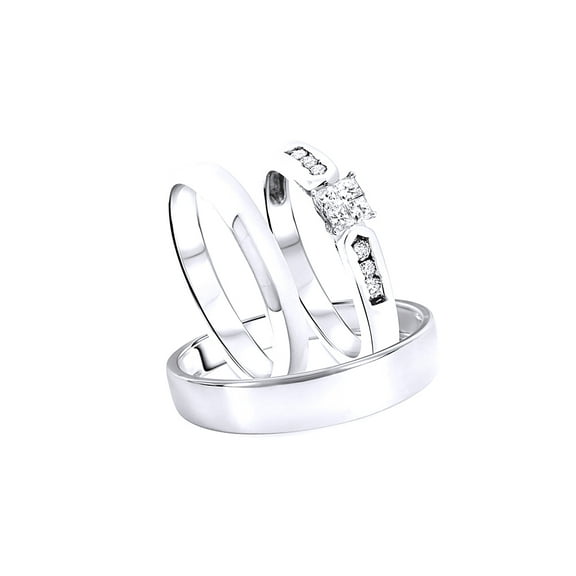 AFFY White Natural Diamond Engagement & Wedding Trio Band Ring Set In 10k White Gold (0.5 Cttw)