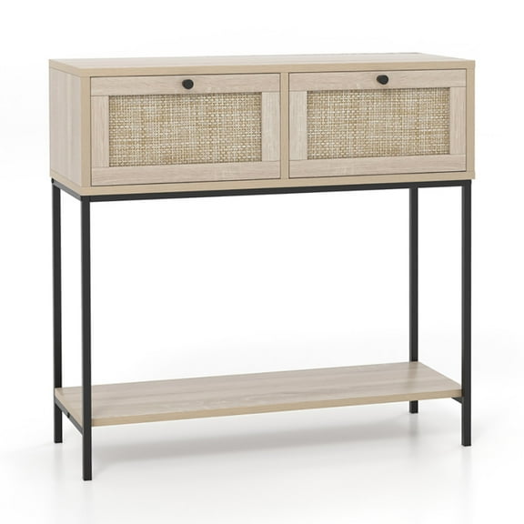 Topcobe Rattan Console Table Boho Entryway Table with 2 Rattan Drawers and Open Storage Shelf, Rectangular Furniture Table for Living Room, Front Hall, Hallway and Foyer