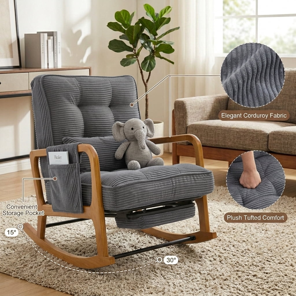 MOONMISS Rocking Chair with Footrest,Rocker Nursery Chair with Side Pocket,Glider Rocker,Accent Reading Chair for Living Room,Dark Gray