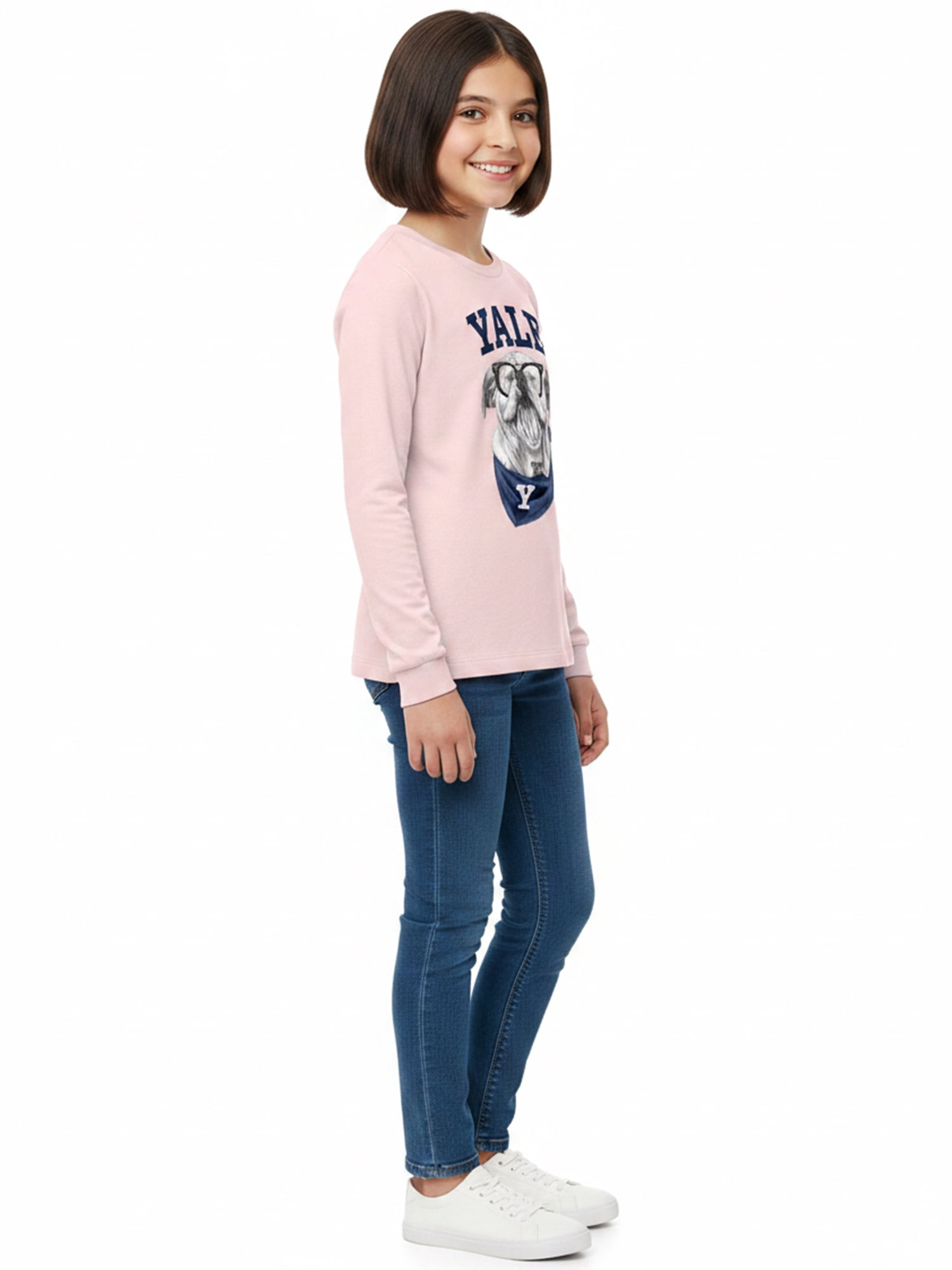 Wonder Nation Girls Graphic Yale Bulldog Tee with Long Sleeves, Sizes 4–18