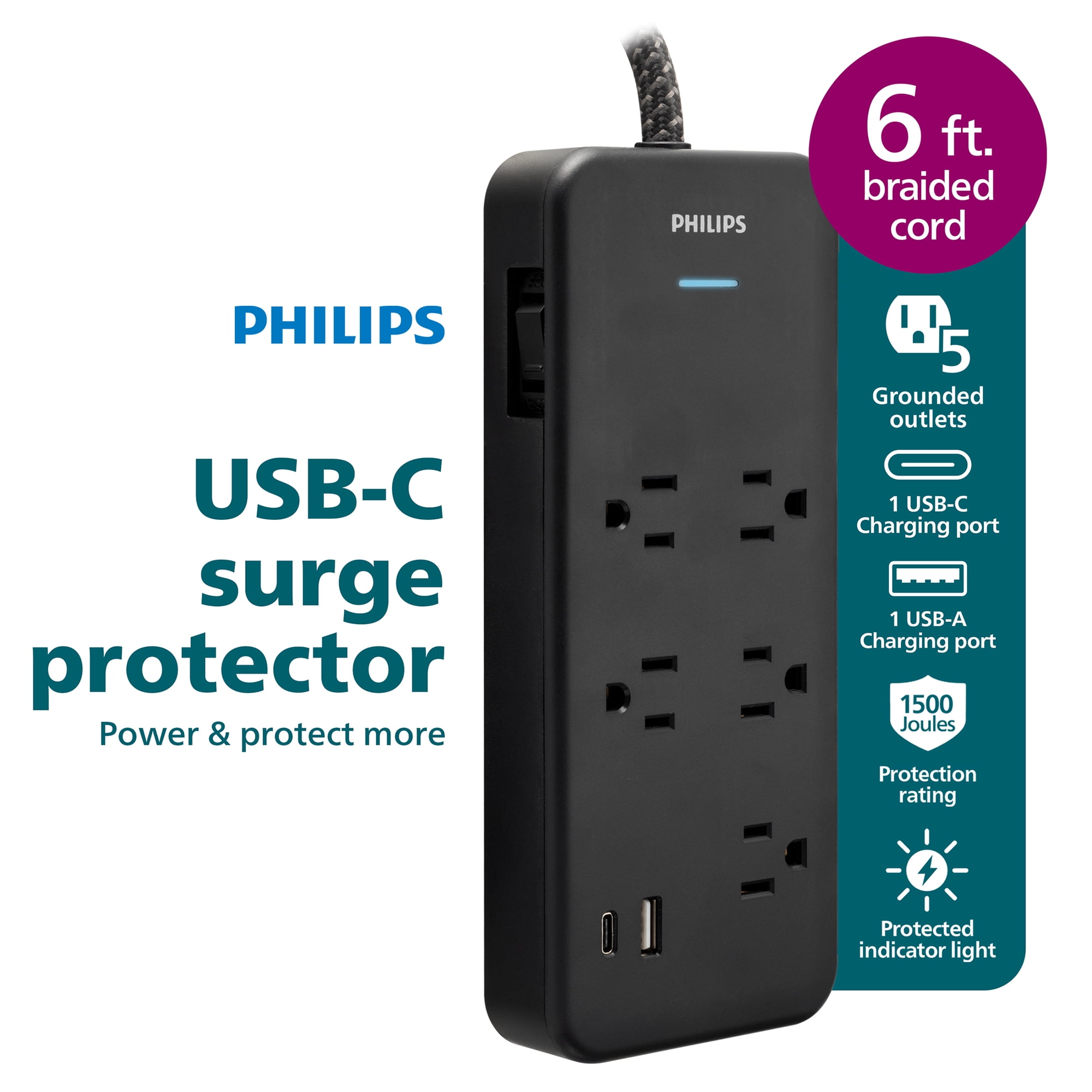 Philips Surge Protector Power Strip with USB Ports, 6 Ft Braided Extension Cord, 1500 Joules, 5 Outlet Extender, 1 USB-C, 1 USB-A, Black