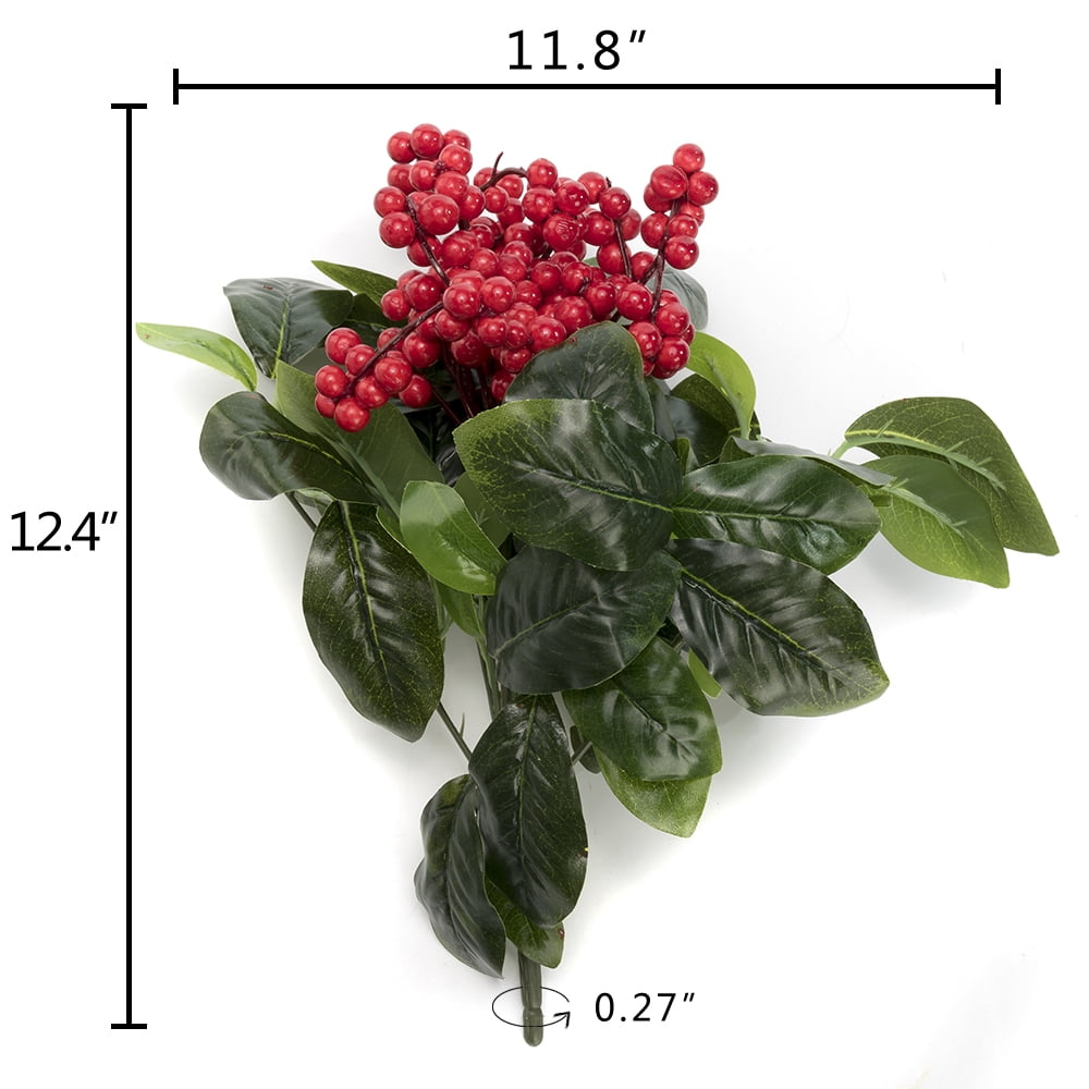 K-Cliffs 3 pieces Faux Red Berries with Green Leaves Unpotted Arrangement, Wedding Shrubs Bouquets, Vases, Wreaths for in/out doors