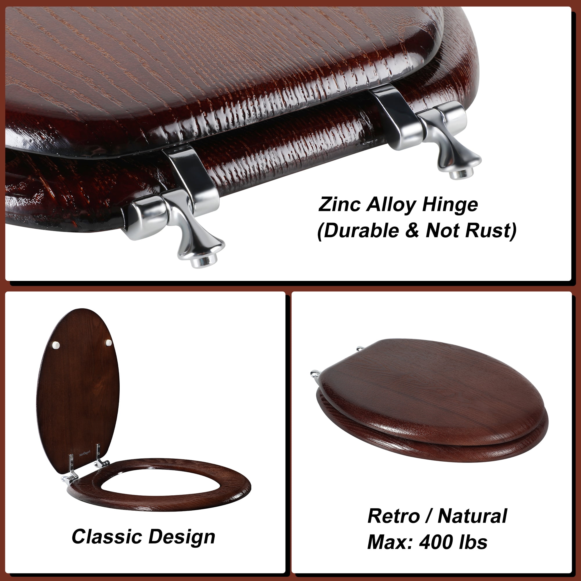 Angol Shiold Wood Elongated Toilet Seat, Easy Clean, Metal Hinges ( Elongated 18.5'', Dark Walnut )